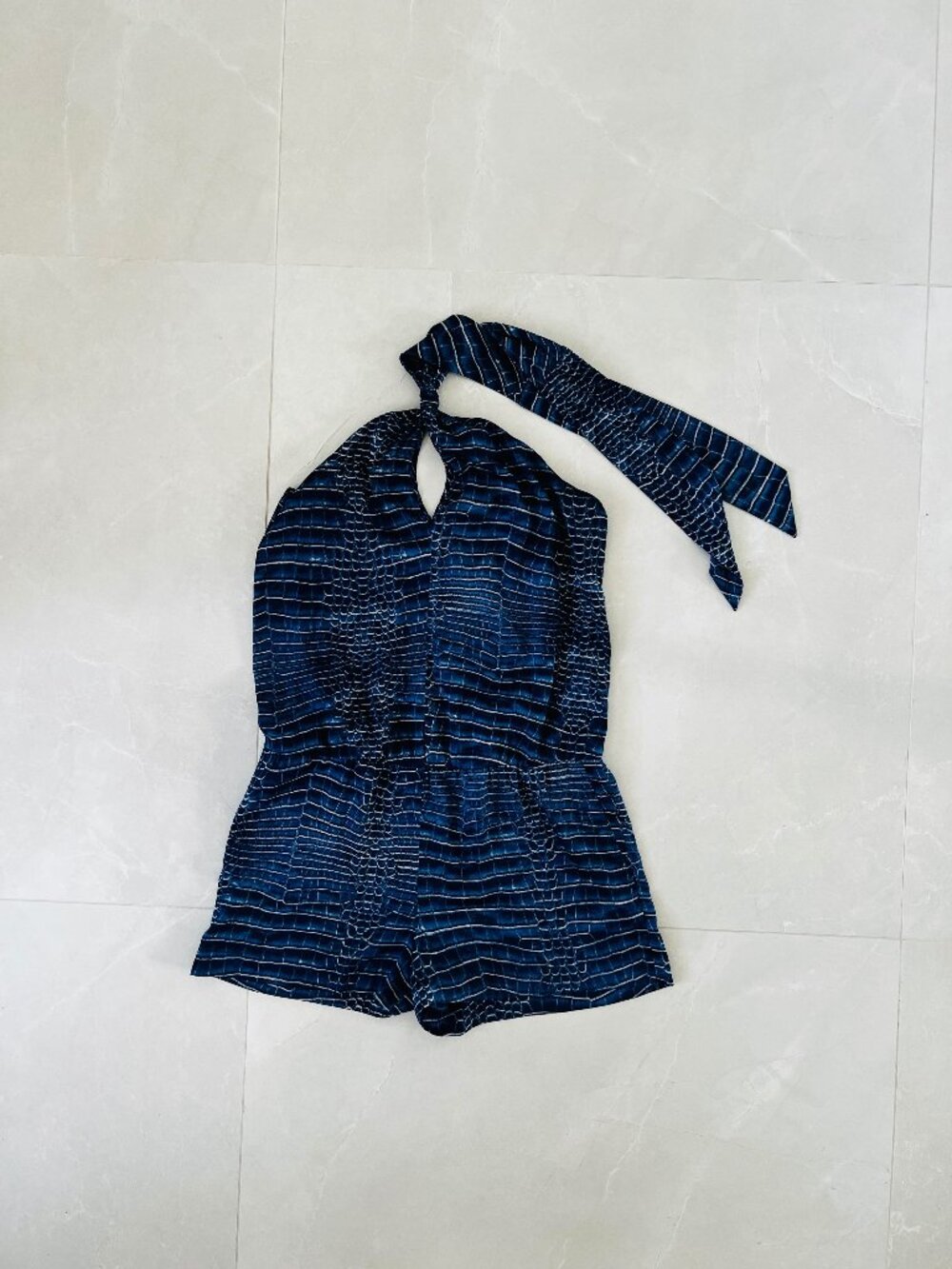 BCBGMAXAZRIA Navy Blue Snake Print Halter Tie Neck Romper (Size XS)
